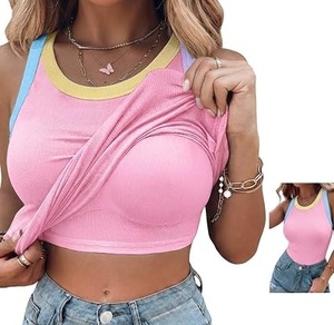 Women's Pink Ribbed <b>Bra</b> Top With Yellow And <b>Blue</b> Trim Racerback Sporty Style Wire Free Seamless Crop Top Summer Wear Built <b>Bras</b> - Product Image 1