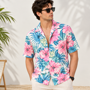 Fresh Summer <b>Mens</b> Camp Collar <b>Shirt</b> 100% Cotton Flex Floral Print Short Sleeve <b>Hawaiian</b> Beach Wear Casual Resort Vacation Styles - Product Image 2