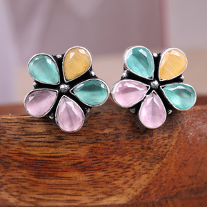 Brass Oxidized Silver Bezel Setting Pear Cut Flower <b>Stud</b> <b>Earrings</b> Women | Multicolor Gemstone Boho Party <b>Earrings</b> | Handmade - Product Image 5