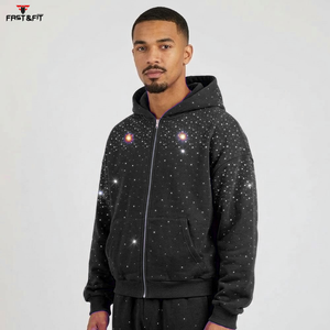 New Arrival Custom Logo Zipper Rhinestone <b>Men's</b> Winter Hoodies 100% Cotton Fleece High Quality Price Casual Wear Thermal - Product Image 5
