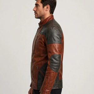 Blouson de moto en cuir personnalisé pour homme, color-block, fermeture éclair, col montant, style motard, pour l'automne - Product Image 5