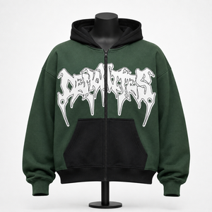 Custom Men's Green <b>Full</b> <b>Zip</b> Hoodie Gothic Letter Print Y2K Streetwear Fleece <b>Sweatshirt</b> OEM Factory - Product Image 1