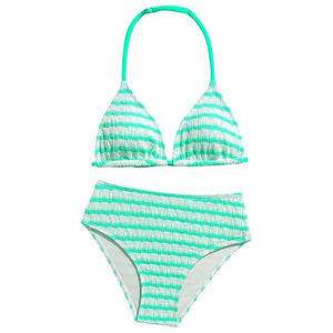 Conjunto de bikini de dos piezas para mujer, top halter, braguita de cintura alta, estampado digital, fruncido, elástico, traje de baño estampado, morado y blanco - Product Image 6