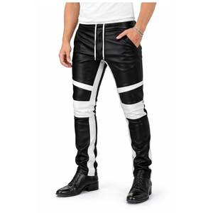 Men's Black <b>White</b> Color leather Moto Pants Elastic Waist Stripes Design Spandex Polyester Material Winter Wear - Product Image 4