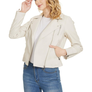Veste de moto en cuir véritable crème pour femme, veste courte à fermeture éclair, col rabattu - Product Image 3