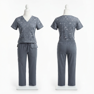 Conjunto unisex de uniforme médico con estampado Dobby, 180 GSM, tela elástica de poliéster premium, fusión sin costuras con detección de agujas, parte superior morada para hospital - Product Image 1