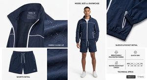 Ensemble short et veste coupe-vent pour homme, respirant, séchage rapide, léger, coupe-vent, fermeture éclair, tenue de plein air en deux pièces - Product Image 2