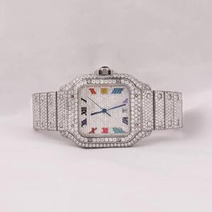 Montre de luxe pour homme avec cadran romain personnalisé, or blanc, diamants, pavé complet, moissanite argentée, carrée, design de créateur - Product Image 1