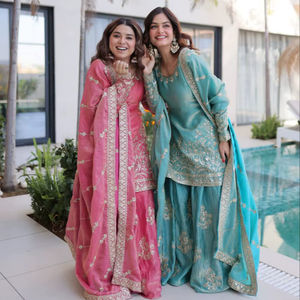 Ensemble Kurti, Sharara Plazzo et Dupatta en tissu doux avec broderie artisanale, longueur genou, spécial Aïd et Ramadan, pour femmes ou filles - Product Image 1