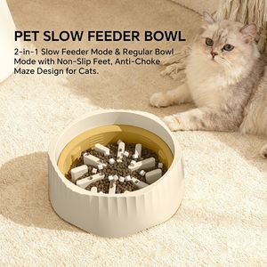 Ciotola Bivalente con Motivo a Foglie Bianche, Commutabile Rapido/Lento per Adattarsi alle Diverse Abitudini Alimentari dei Gatti, Fornitura Transfrontaliera per Animali Domestici - Product Image 1