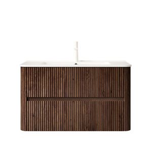 Mobile bagno sospeso NOOR da 36 pollici in compensato con 2 cassetti e lavabo in ceramica bianca - NOOR 36 pollici - Product Image 3