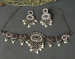 Parure de mariée vintage en argent oxydé avec rubis, collier ras-du-cou et boucles d'oreilles pendantes en perles, style bohème, cadeau d'anniversaire de mariage, bijoux tendance - Product Image 2