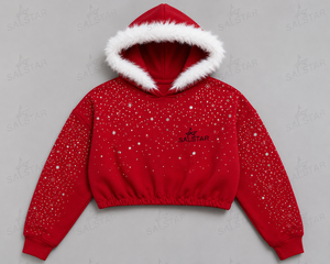 SALSTAR Sweat à capuche court rouge avec bordure en fourrure blanche, imprimé à pois scintillants, veste polaire pour femme, pull d'hiver à manches longues - Product Image 3