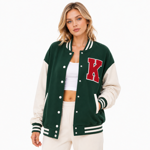 Blouson universitaire surdimensionné en laine pour femme, personnalisé, avec patch brodé lettre, épaules tombantes, décontracté, hiver, style baseball, veste bomber - Product Image 2