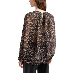 Blusa de Gasa Negra para Mujer, Cuello con Botones, Mangas con Volantes, Corte Regular, Transparente, Informal, Transpirable, 100% Algodón - Product Image 6