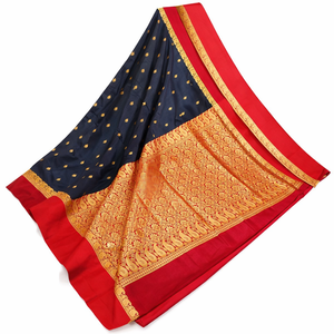 Sari en soie brodée bleu marine et rouge avec bordure en zari doré lourd, tenue traditionnelle pour mariage et fêtes ethniques - Product Image 1