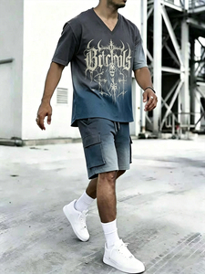 Men's 2 Piece Gradient <b>Gothic</b> Print V Neck T-<b>Shirt</b> & Cargo Shorts Streetwear Casual Tracksuit - Product Image 3