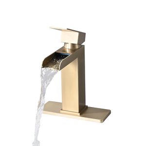 Rubinetto da Bagno Monocomando a Cascata Oro Spazzolato, 1-3 Fori, con Piastra di Fissaggio Solida per Lavabo - Product Image 4