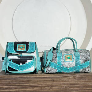 Vintage Hand Tooled Genuine Cowhide Leather Turquoise Duffel Bag & <b>Backpack</b> Set Unisex Travel Luggage Matching 2 Piece Bag Sets - Product Image 4