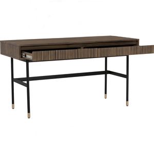 Modern Slatted <b>Wood</b> Office <b>Desk</b> with Industrial Black Metal Frame and Gold-Tipped Legs for Home and Office - Product Image 2
