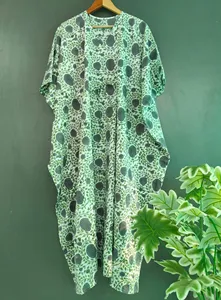 Women’s <b>Boho</b> V-Neck Floral Leaf Hand Print Kaftan <b>Dress</b> Olive Green Cotton Loose Fit <b>Summer</b> Beach <b>Dress</b> - Product Image 4