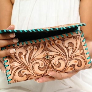La más nueva cartera occidental de girasol de cuero con herramientas a mano, Cartera de mano de cuero genuino, Cartera de teléfono y tarjeta de crédito de piel de vaca personalizada para mujer - Product Image 3