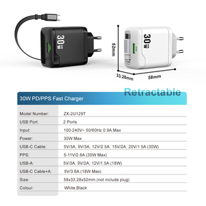 Cargador Retráctil Gan de 30w con Cable USB-C, Cargador Rápido PPS PD Tipo C para Teléfono Móvil, Cargador Portátil PD de 30w para iPhone y <span class=keywords><strong>Samsung</strong></span> - Product Image 6