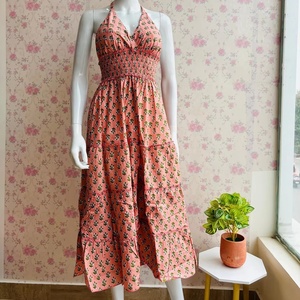 Vestido MIDI de algodón de alta calidad con cuello Halter para mujer, ropa transpirable de verano y otoño, vestido tejido y estampado digital sin espalda - Product Image 1