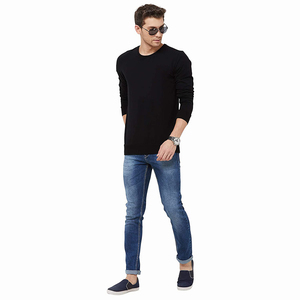 Pull en tricot à col rond à manches longues pour homme, noir, coupe classique, vêtements décontractés, 100% coton, couleur unie, design col rond - Product Image 4