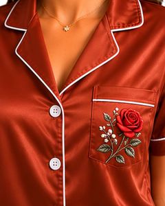 Ensemble de pyjama satiné rouge rouille personnalisé par le fabricant, vêtements de nuit en soie pour femmes, broderie rose, ensemble de vêtements de nuit doux à manches courtes - Product Image 3