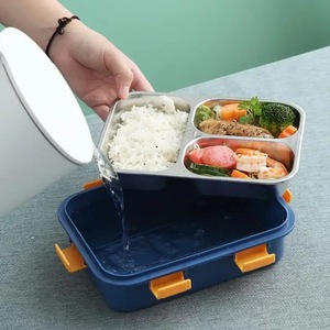 Boîte à lunch bento en acier inoxydable, 3 compartiments, anti-fuite, récipient alimentaire portable, rectangulaire, pour l'école et le bureau - Product Image 4
