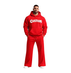 Conjunto Deportivo Personalizado con Logotipo en Relieve para Hombre, Sudadera con Capucha y Pantalones Deportivos Rojos, Traje Deportivo de Felpa de Algodón Premium, Ropa Deportiva Urbana - Product Image 1