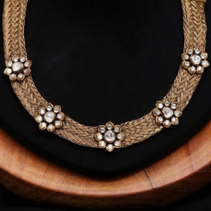 18K Matte Gold Plated Choker Necklace Set Kundan Polki Floral Vintage Statement Chain Design Jewelry Wholesale Supplier - Product Image 2