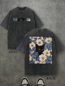 เสื้อยืดลายแมวพิมพ์ลายดอกไม้สองด้าน ผ้าคอตตอนเนื้อหนัก ซักแล้ว ทรงวินเทจ สตรีทแวร์ ใส่ได้ทั้งผู้ชายและผู้หญิง - Product Image 3