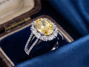 Fancy Yellow Oval Cut Lab Grown <b>Diamond</b> <b>Ring</b> With Pave Setting Prong Claw Women's Luxury Engagement <b>Ring</b> - Product Image 2