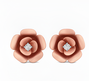 Boucles d'oreilles clous fleur de rose en or rose 18 carats avec diamant de laboratoire CVD solitaire - Product Image 1