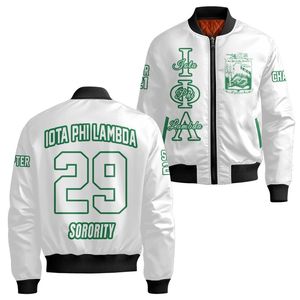 Chaqueta Personalizada para Mujer Iota Phi Lambda, Chaqueta Bomber Blanca con Escudo Griego en la Parte Delantera y Trasera, con Cierre de Cremallera - Product Image 4
