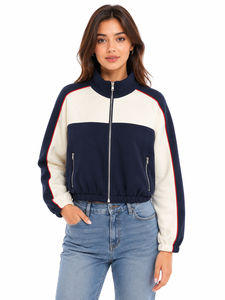 Premium <b>Women's</b> Color Block Cropped Bomber <b>Jacket</b> Full Zip Casual Sweatshirt <b>Jacket</b> Navy Blue White Contrast Lightweight Fashion - Product Image 1