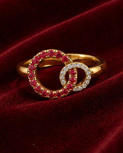 925 Sterling Silver Gold Plated Double <b>Circle</b> <b>Ring</b> with Red & White Cubic Zirconia | Modern Geometric Fashion <b>Ring</b> for Women - Product Image 2