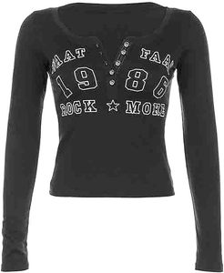 Denim chiffon long sleeve t-shirt women winter casual Y2K style knitted anti-pilling logo top - Product Image 1