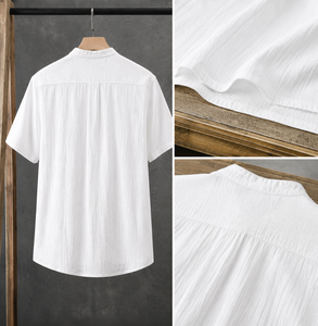 Men's Linen Cotton Short Sleeve Stand <b>Collar</b> <b>T</b>-<b>Shirt</b> Loose Fit Casual Solid Color Breathable Woven Fabric - Product Image 4