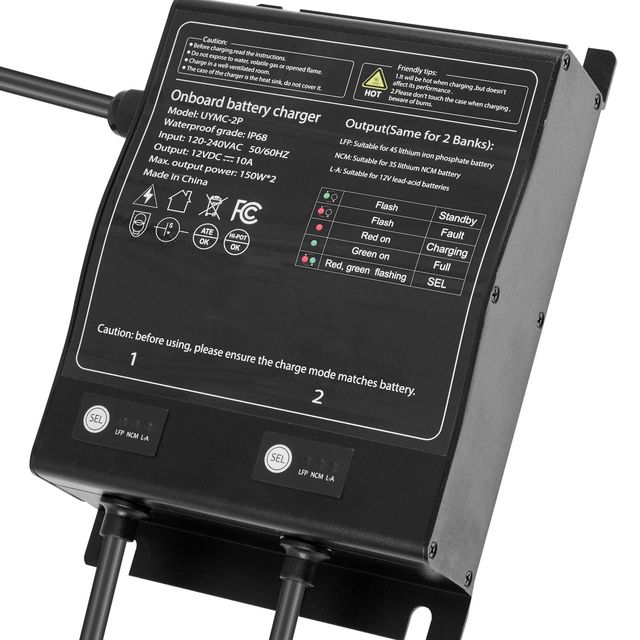 "2-Bank 10A 12V Onboard Boat Charger-IP68 Waterproof Smart Board Lithium Ion Battery Charger"