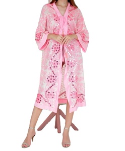 Pink Floral Sequined Woven Chiffon Kimono <b>Boho</b> Loose Midi Dress V-Neck Lantern Sleeve Summer Casual Leisure Wear Sexy & Club - Product Image 1