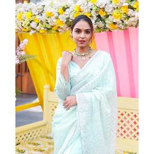 Produit très vendu : Saree indien en soie pour mariage et occasions spéciales, vêtements indiens et pakistanais, saree de mariage bleu menthe avec travail Gotta - Product Image 6