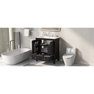 Mobile Bagno Multifunzionale Nero da 30 Pollici in Legno Massello e MDF con Lavabo Integrato, Ante e Cassetto - Product Image 2