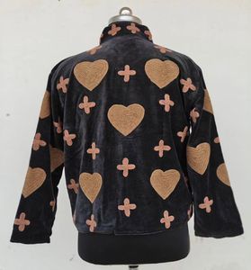 Veste matelassée en velours pour femme, col mandarin, applique cœur croisé, manches longues, fermeture éclair, manteau court d'hiver en coton - Product Image 5