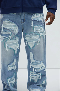 Jeans en denim déchiré pour homme, coupe slim, style vintage délavé, pantalon streetwear, jambe droite, prix d'usine en gros - Product Image 4