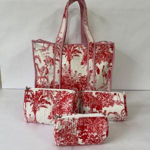 Women Red Jungle Toile Cotton Quilted Tote Bag Handmade Shoulder Bag with Cosmetic Pouch Combo - Product Image 1