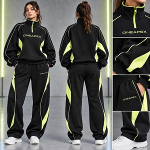 Women's <b>Black</b> Neon Green Quarter Zip Tracksuit Set Sportswear Pullover Sweatshirt <b>Jogger</b> Pants Casual Streetwear - Product Image 2