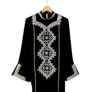 Elegant Black Abaya With Silver Beaded Embroidery High Neck Long Sleeve Floor Length Loose Fit Women Middle East Party Wear - Product Image 3
